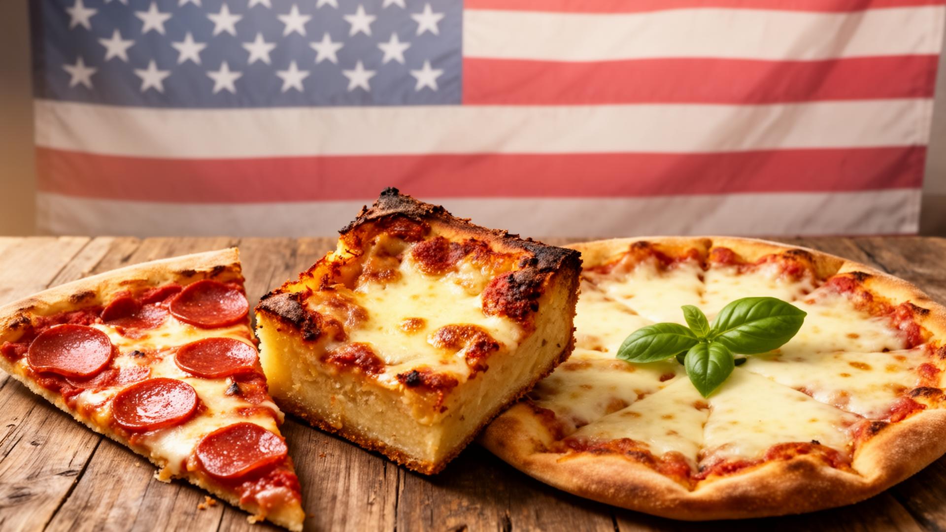 USA-style pizzas — pepperoni slice, Detroit deep-dish, and cheese pie — in front of a faded American flag